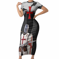 Knights Templar Warrior Red Cross Short Sleeve Bodycon Dress Crusader Knight In Chainmail Armor With Shield And Sword Art