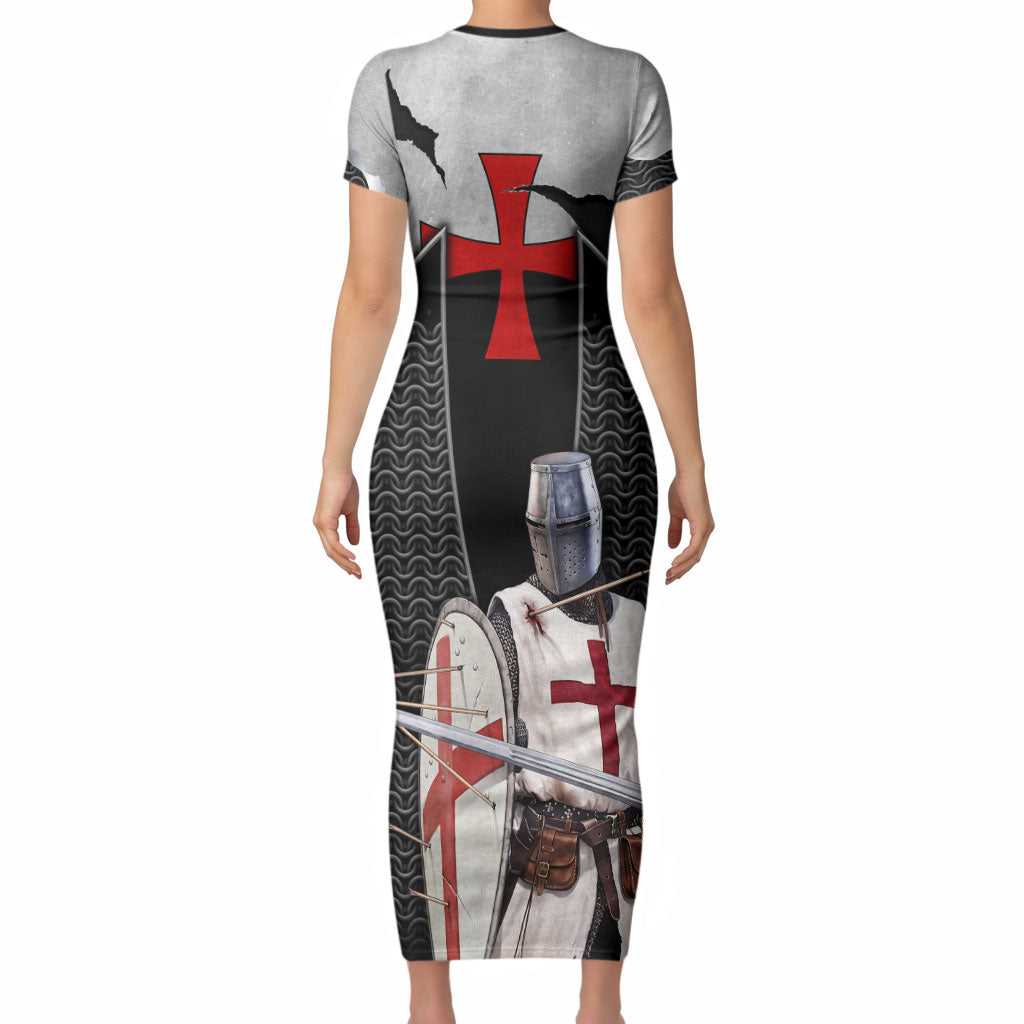 Knights Templar Warrior Red Cross Short Sleeve Bodycon Dress Crusader Knight In Chainmail Armor With Shield And Sword Art
