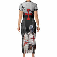 Knights Templar Warrior Red Cross Short Sleeve Bodycon Dress Crusader Knight In Chainmail Armor With Shield And Sword Art