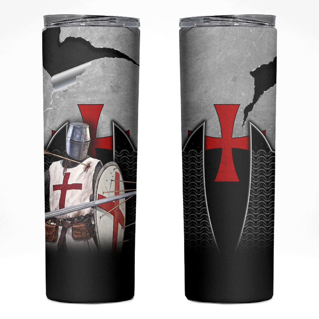 Knights Templar Warrior Red Cross Skinny Tumbler Crusader Knight In Chainmail Armor With Shield And Sword Art