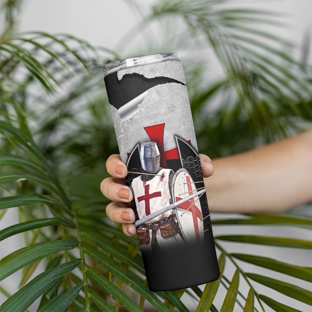 Knights Templar Warrior Red Cross Skinny Tumbler Crusader Knight In Chainmail Armor With Shield And Sword Art