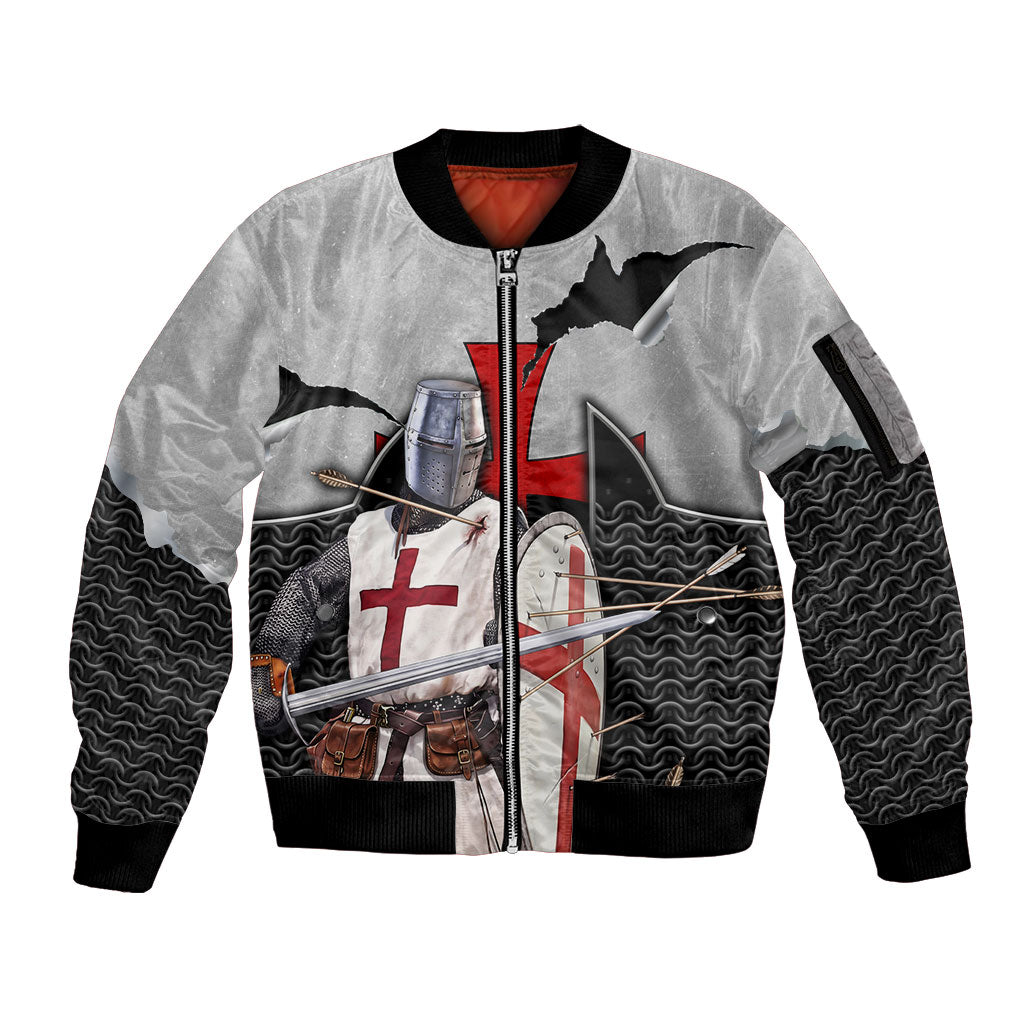 Knights Templar Warrior Red Cross Sleeve Zip Bomber Jacket Crusader Knight In Chainmail Armor With Shield And Sword Art