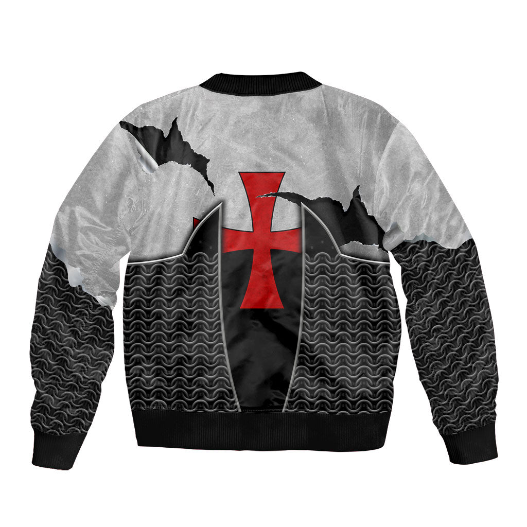 Knights Templar Warrior Red Cross Sleeve Zip Bomber Jacket Crusader Knight In Chainmail Armor With Shield And Sword Art