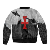 Knights Templar Warrior Red Cross Sleeve Zip Bomber Jacket Crusader Knight In Chainmail Armor With Shield And Sword Art