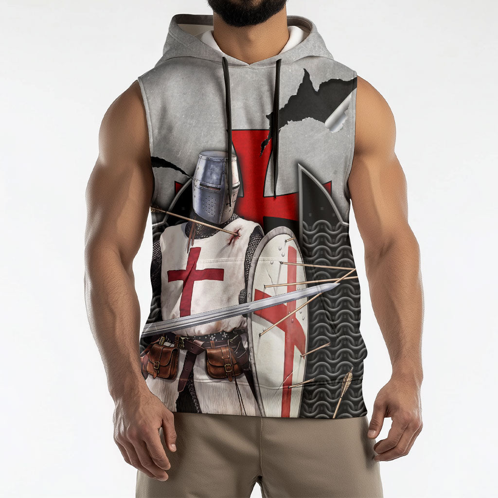 Knights Templar Warrior Red Cross Sleeveless Hoodie Crusader Knight In Chainmail Armor With Shield And Sword Art