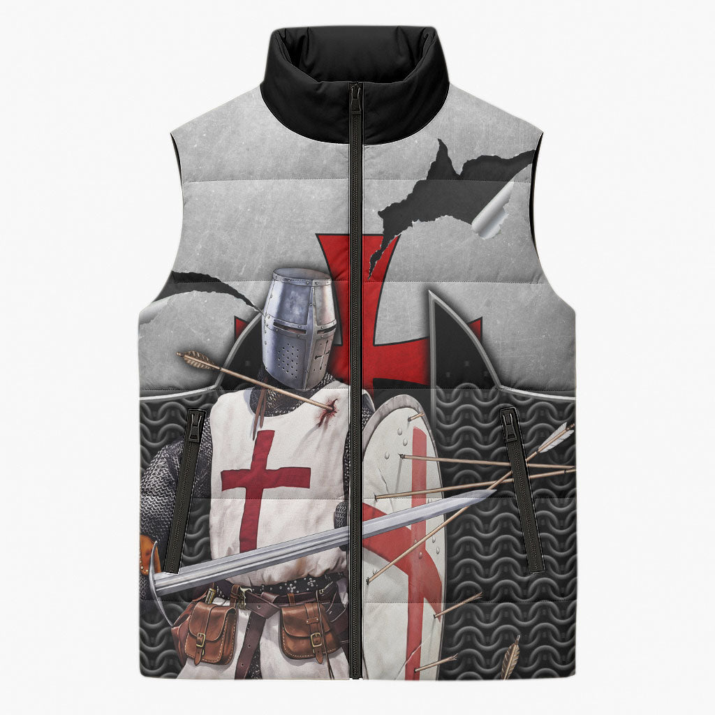 Knights Templar Warrior Red Cross Sleeveless Puffer Jacket Crusader Knight In Chainmail Armor With Shield And Sword Art