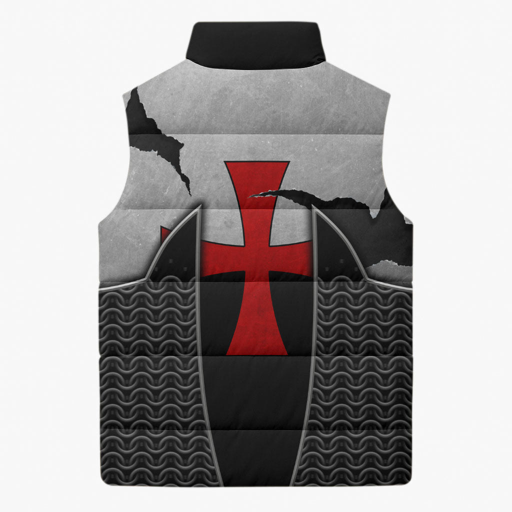 Knights Templar Warrior Red Cross Sleeveless Puffer Jacket Crusader Knight In Chainmail Armor With Shield And Sword Art