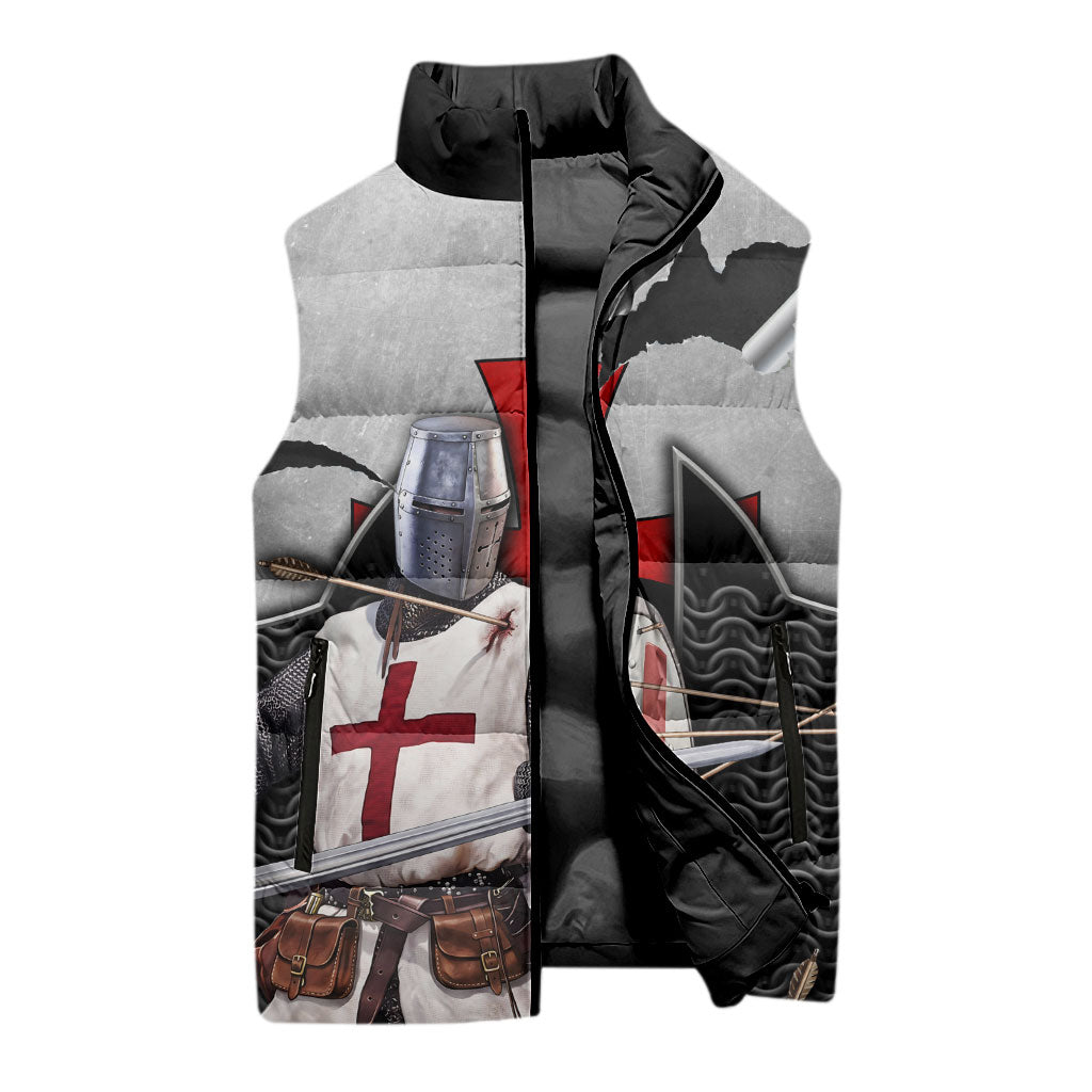 Knights Templar Warrior Red Cross Sleeveless Puffer Jacket Crusader Knight In Chainmail Armor With Shield And Sword Art