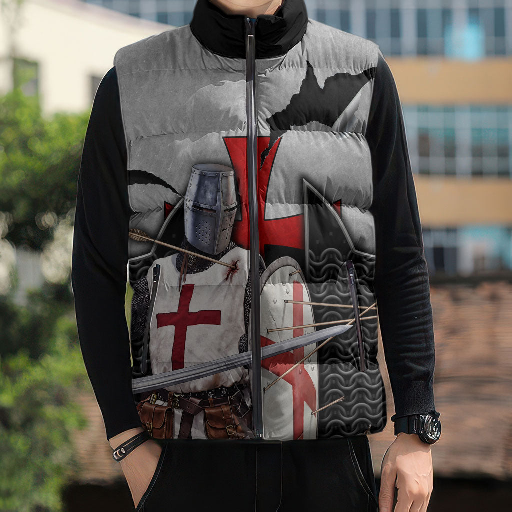Knights Templar Warrior Red Cross Sleeveless Puffer Jacket Crusader Knight In Chainmail Armor With Shield And Sword Art