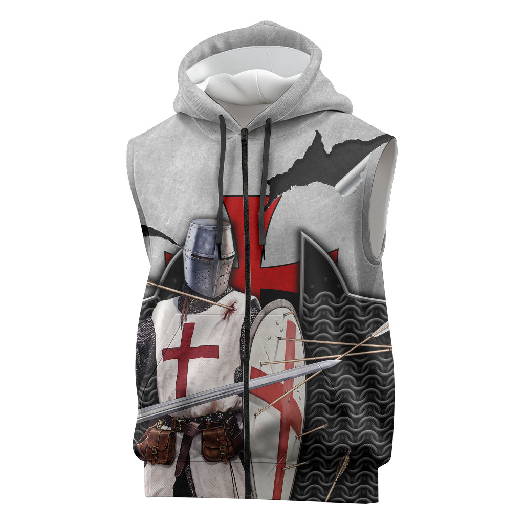 Knights Templar Warrior Red Cross Sleeveless Zip Hoodie Crusader Knight In Chainmail Armor With Shield And Sword Art