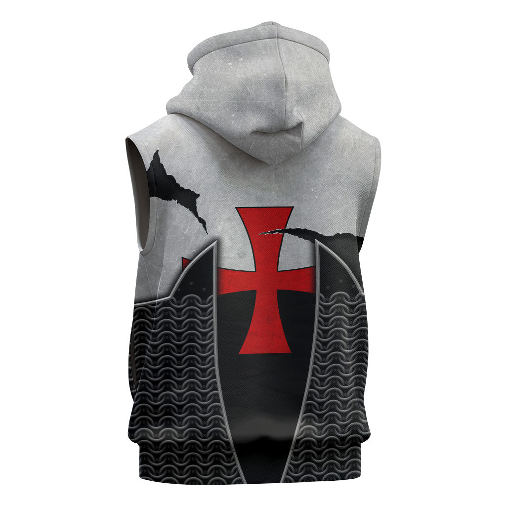 Knights Templar Warrior Red Cross Sleeveless Zip Hoodie Crusader Knight In Chainmail Armor With Shield And Sword Art