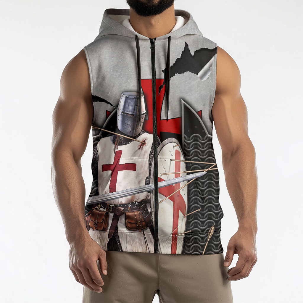 Knights Templar Warrior Red Cross Sleeveless Zip Hoodie Crusader Knight In Chainmail Armor With Shield And Sword Art