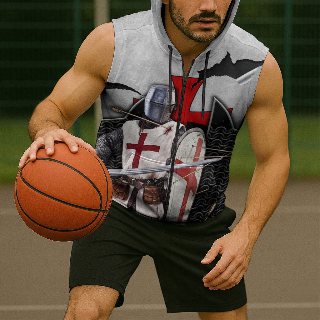 Knights Templar Warrior Red Cross Sleeveless Zip Hoodie Crusader Knight In Chainmail Armor With Shield And Sword Art