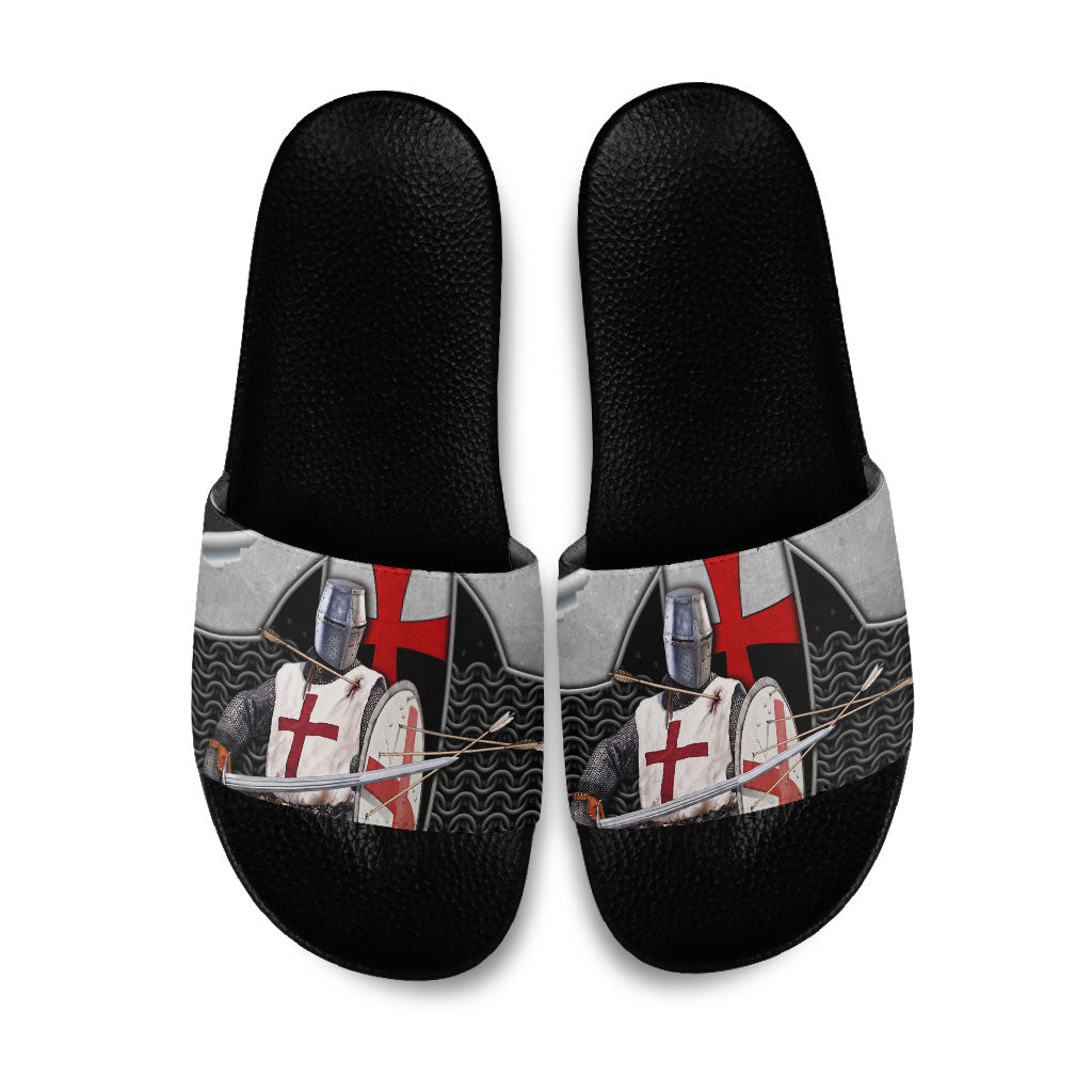 Knights Templar Warrior Red Cross Slide Sandals Crusader Knight In Chainmail Armor With Shield And Sword Art