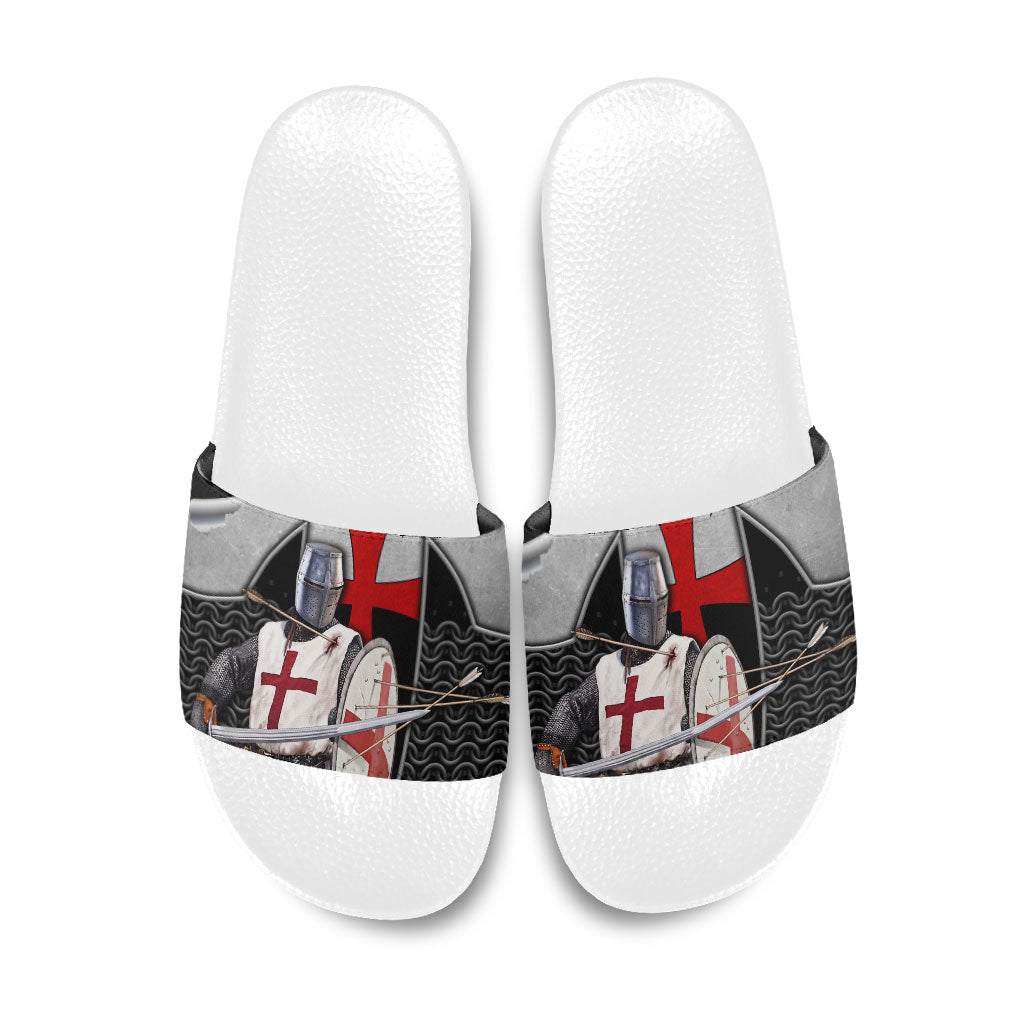 Knights Templar Warrior Red Cross Slide Sandals Crusader Knight In Chainmail Armor With Shield And Sword Art