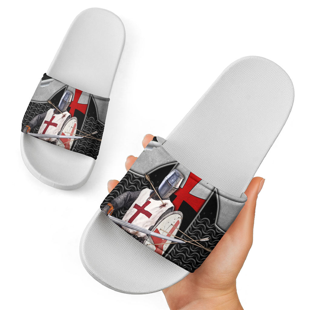 Knights Templar Warrior Red Cross Slide Sandals Crusader Knight In Chainmail Armor With Shield And Sword Art
