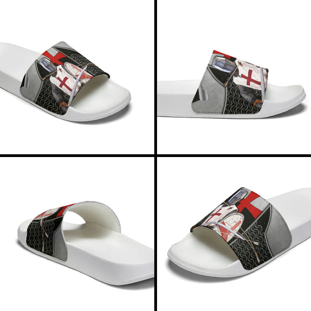 Knights Templar Warrior Red Cross Slide Sandals Crusader Knight In Chainmail Armor With Shield And Sword Art