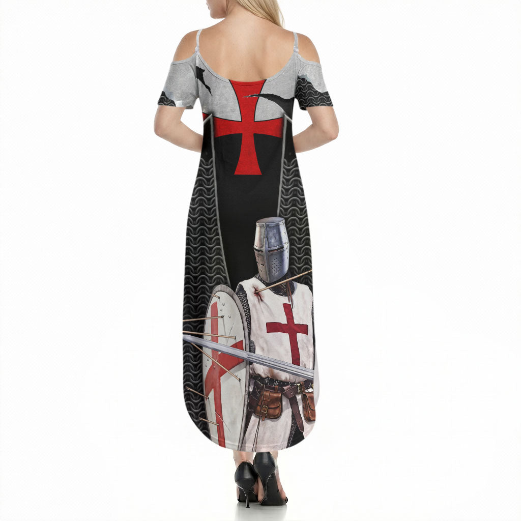 Knights Templar Warrior Red Cross Summer Maxi Dress Crusader Knight In Chainmail Armor With Shield And Sword Art