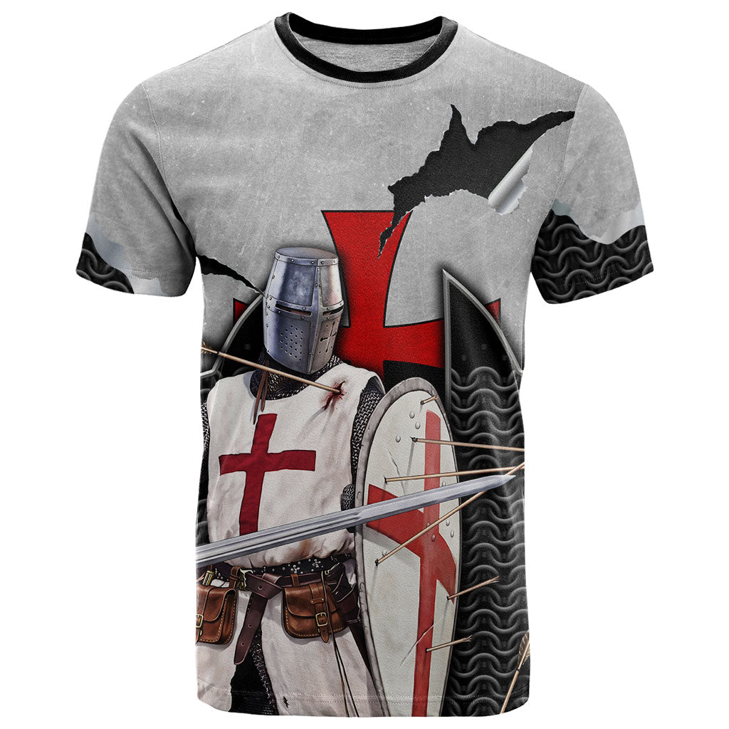 Knights Templar Warrior Red Cross T Shirt Crusader Knight In Chainmail Armor With Shield And Sword Art