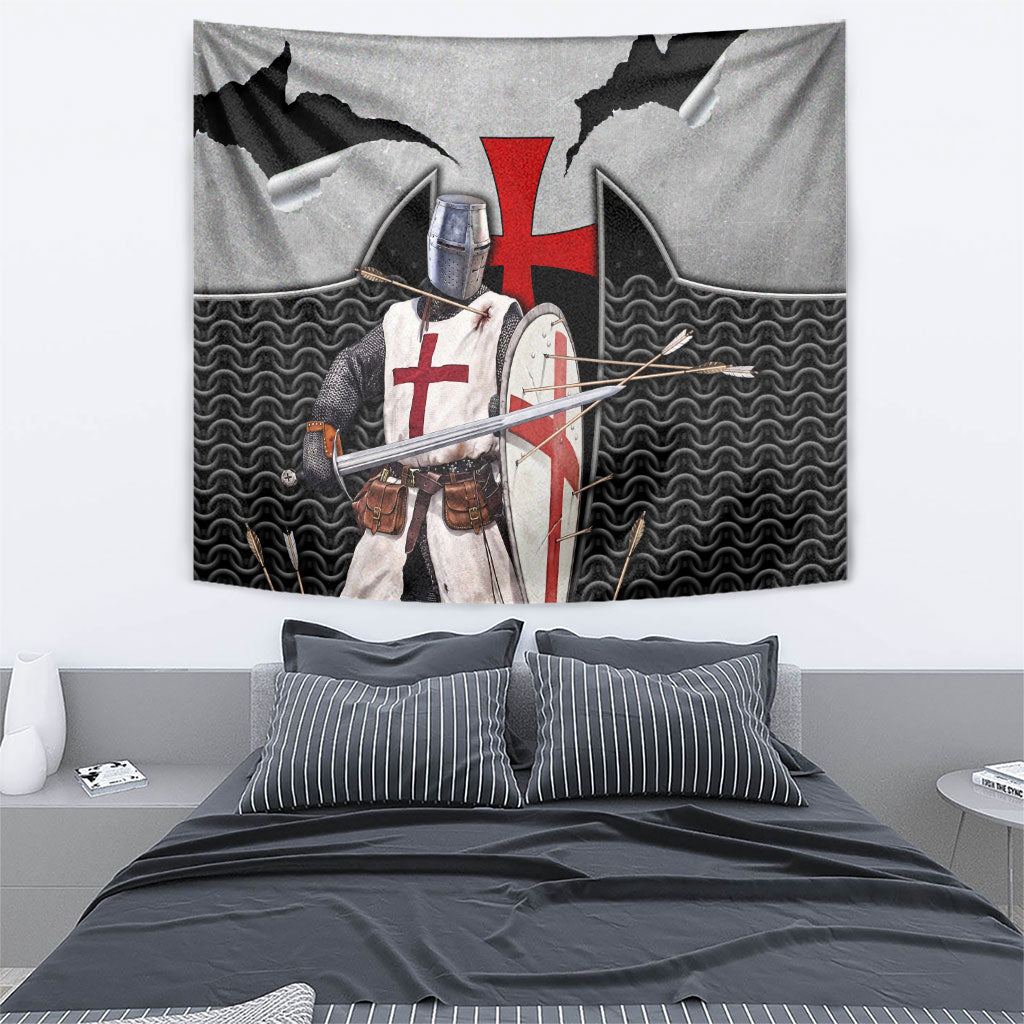Knights Templar Warrior Red Cross Tapestry Crusader Knight In Chainmail Armor With Shield And Sword Art