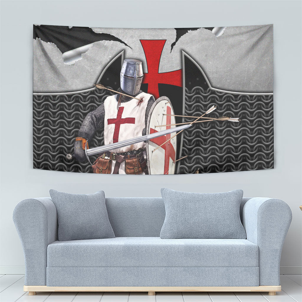 Knights Templar Warrior Red Cross Tapestry Crusader Knight In Chainmail Armor With Shield And Sword Art