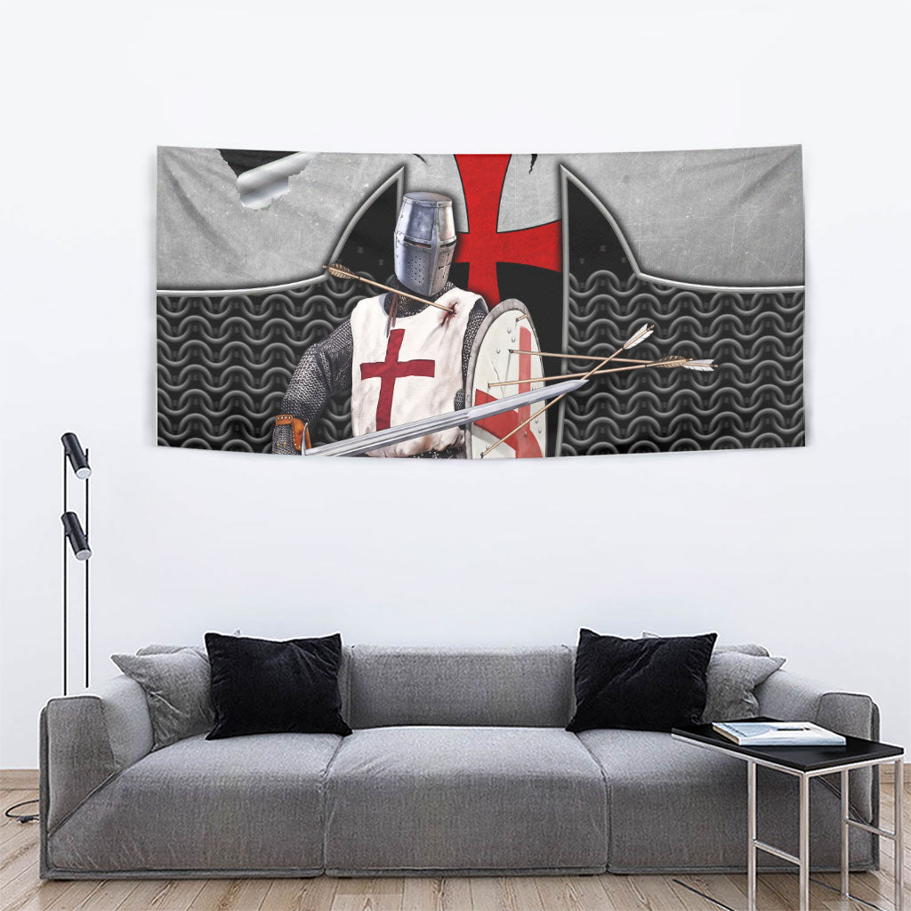 Knights Templar Warrior Red Cross Tapestry Crusader Knight In Chainmail Armor With Shield And Sword Art