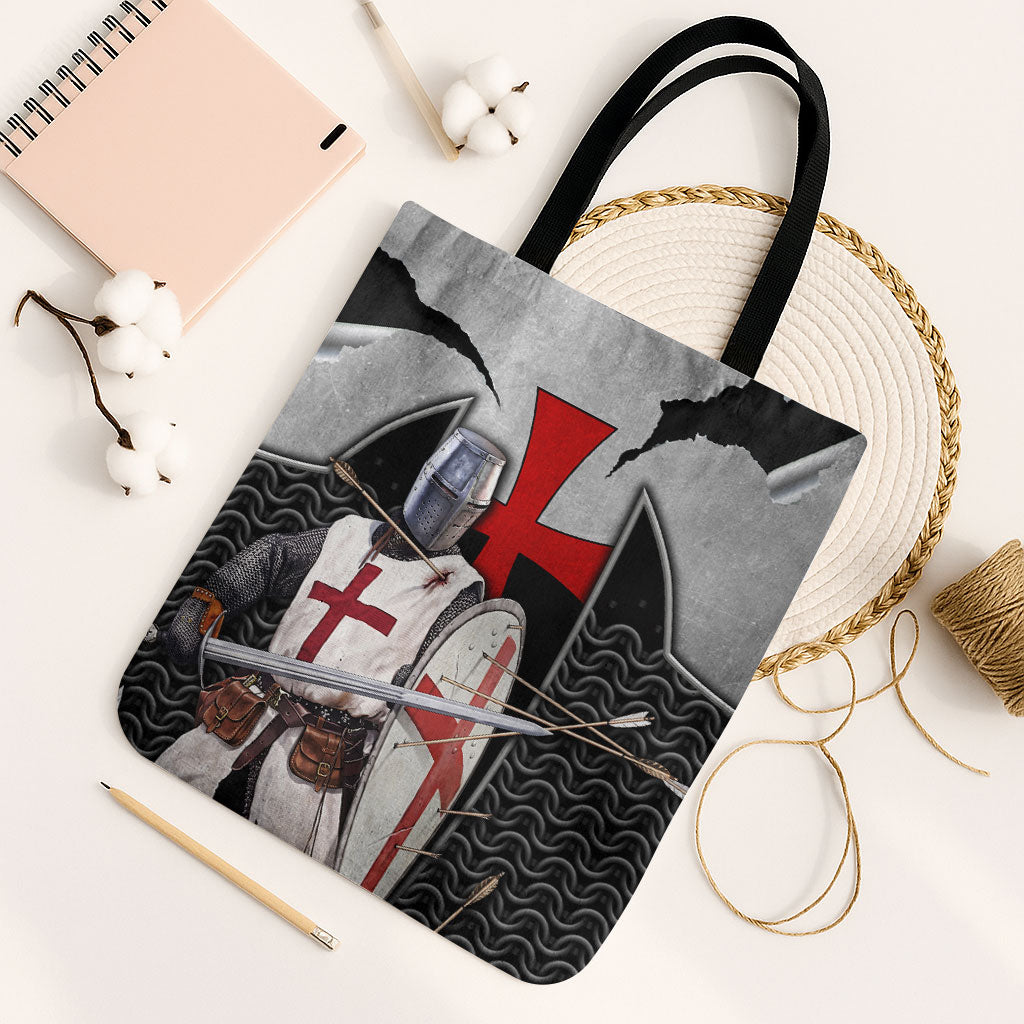 Knights Templar Warrior Red Cross Tote Bag Crusader Knight In Chainmail Armor With Shield And Sword Art