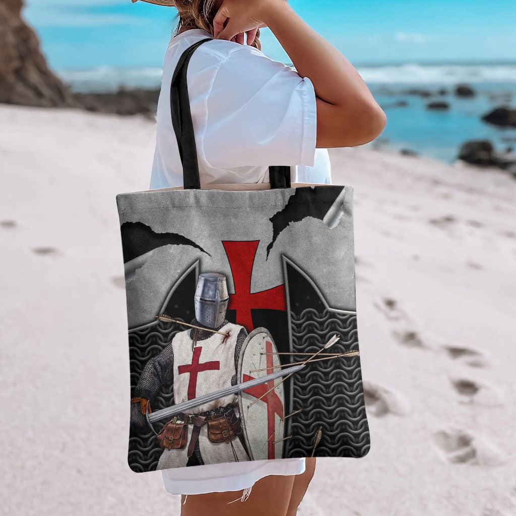 Knights Templar Warrior Red Cross Tote Bag Crusader Knight In Chainmail Armor With Shield And Sword Art