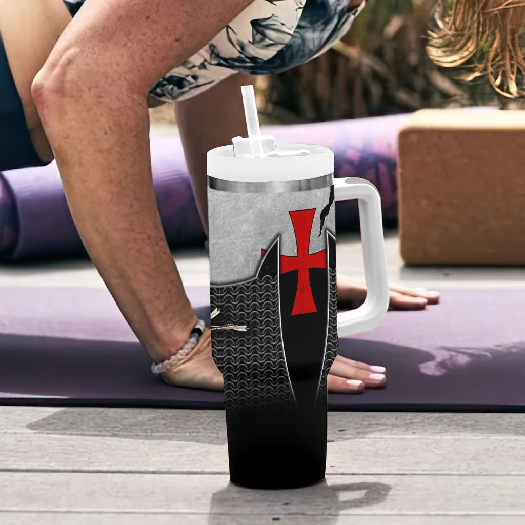 Knights Templar Warrior Red Cross Tumbler With Handle Crusader Knight In Chainmail Armor With Shield And Sword Art