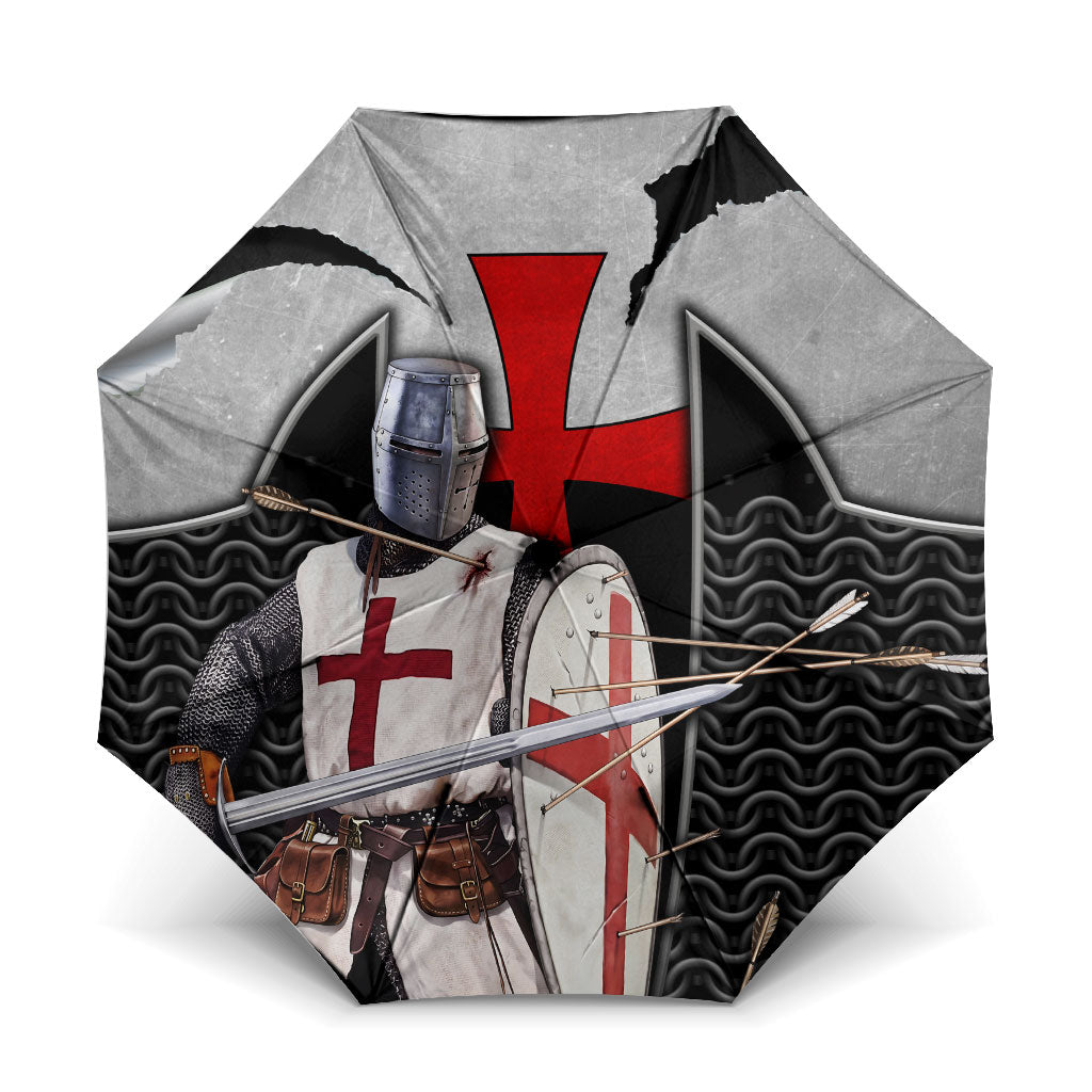 Knights Templar Warrior Red Cross Umbrella Crusader Knight In Chainmail Armor With Shield And Sword Art