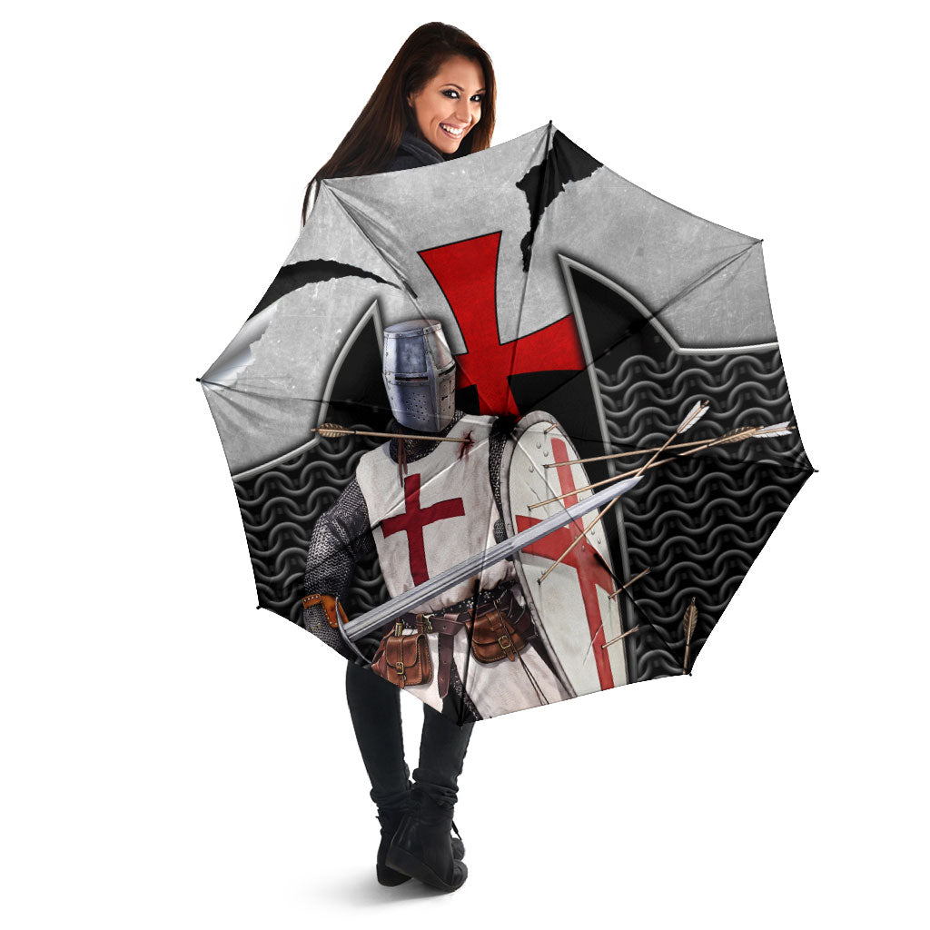 Knights Templar Warrior Red Cross Umbrella Crusader Knight In Chainmail Armor With Shield And Sword Art