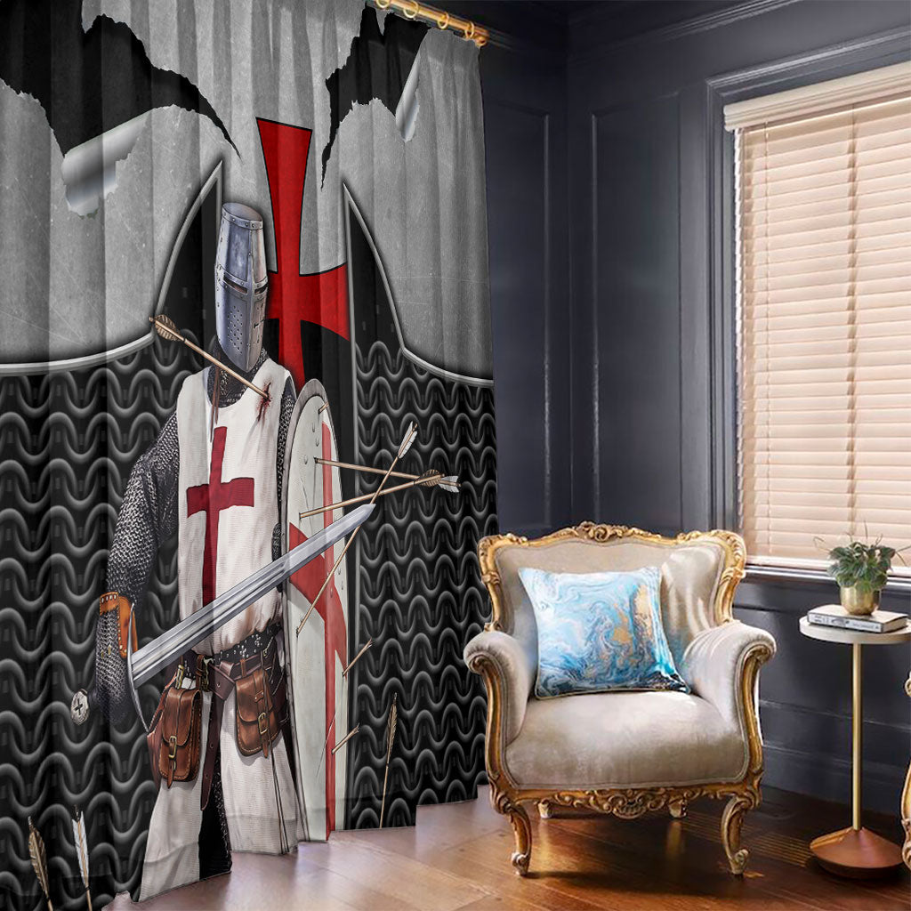 Knights Templar Warrior Red Cross Window Curtain Crusader Knight In Chainmail Armor With Shield And Sword Art