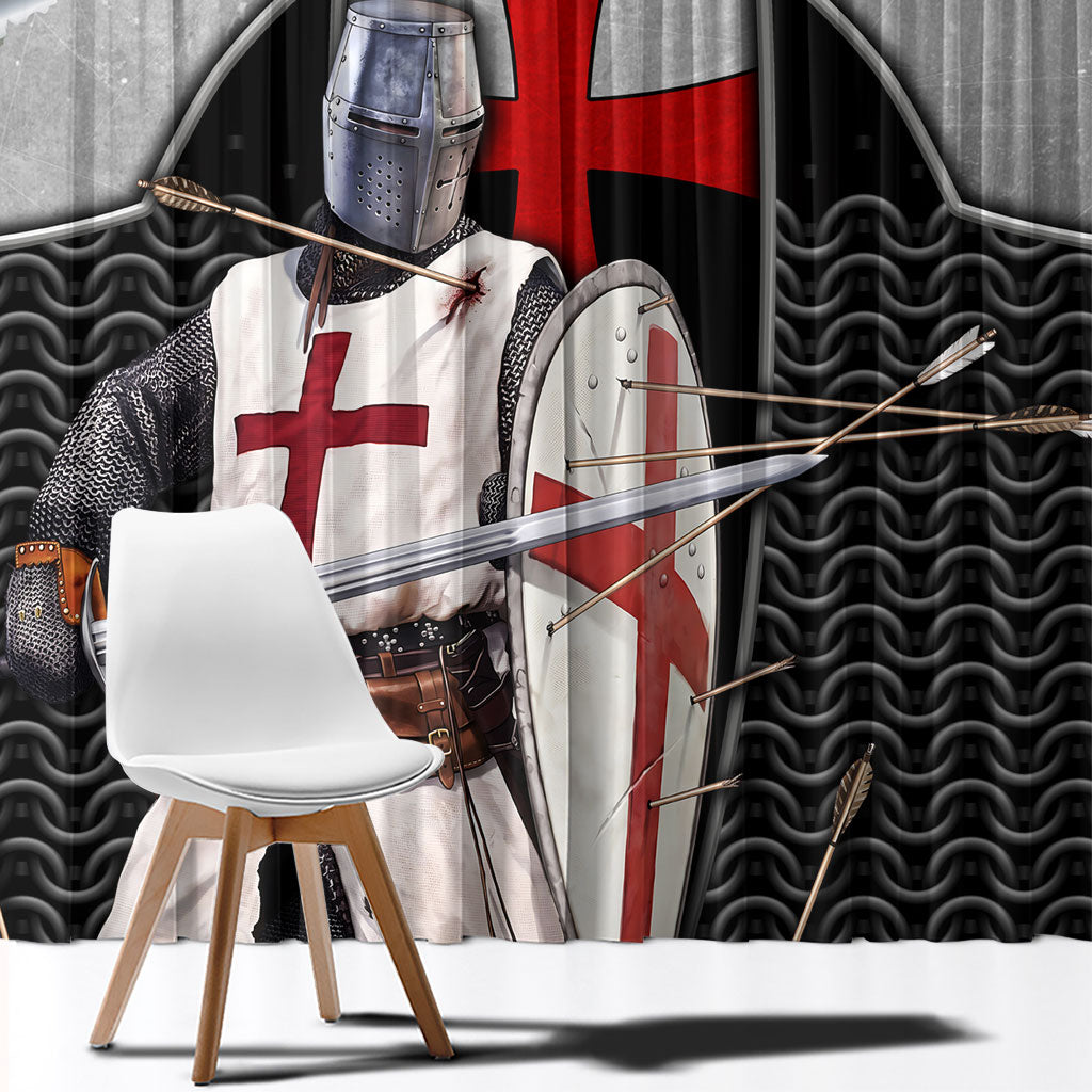 Knights Templar Warrior Red Cross Window Curtain Crusader Knight In Chainmail Armor With Shield And Sword Art
