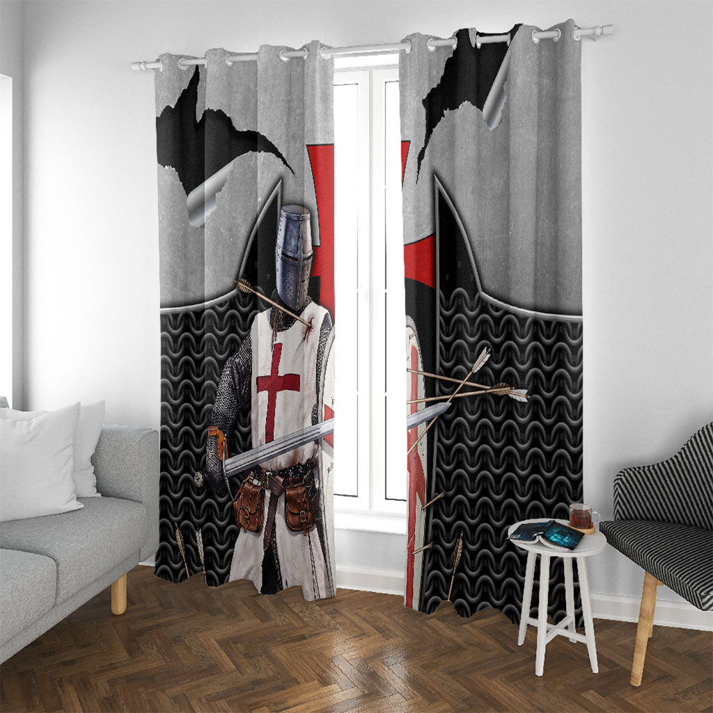 Knights Templar Warrior Red Cross Window Curtain Crusader Knight In Chainmail Armor With Shield And Sword Art