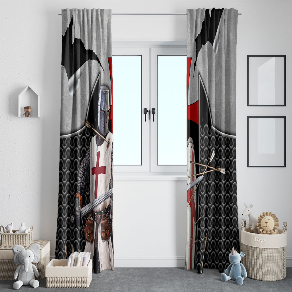 Knights Templar Warrior Red Cross Window Curtain Crusader Knight In Chainmail Armor With Shield And Sword Art