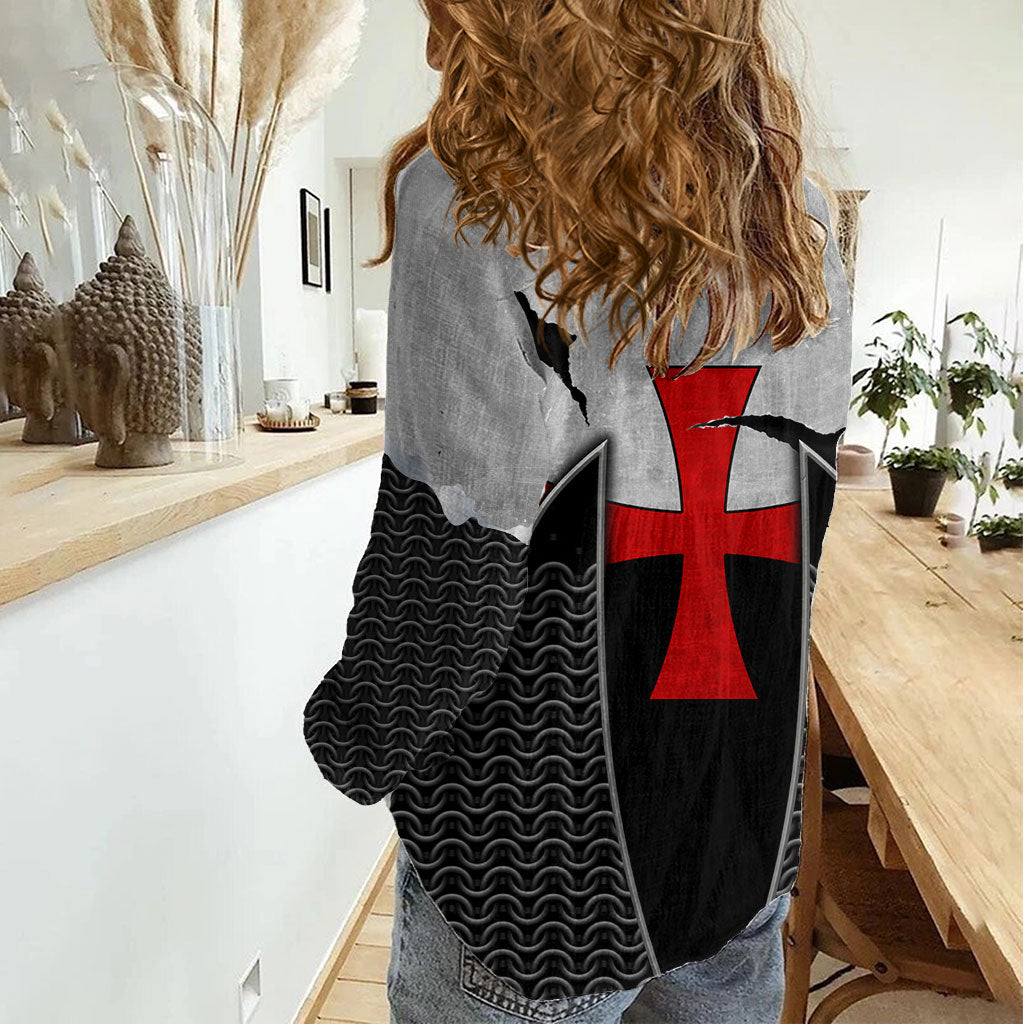 Knights Templar Warrior Red Cross Women Casual Shirt Crusader Knight In Chainmail Armor With Shield And Sword Art