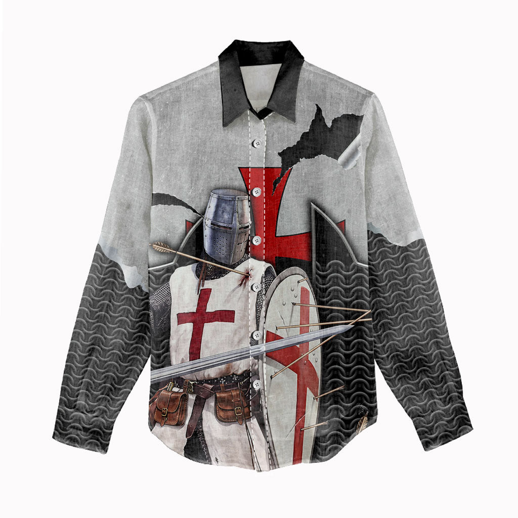 Knights Templar Warrior Red Cross Women Casual Shirt Crusader Knight In Chainmail Armor With Shield And Sword Art