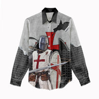 Knights Templar Warrior Red Cross Women Casual Shirt Crusader Knight In Chainmail Armor With Shield And Sword Art