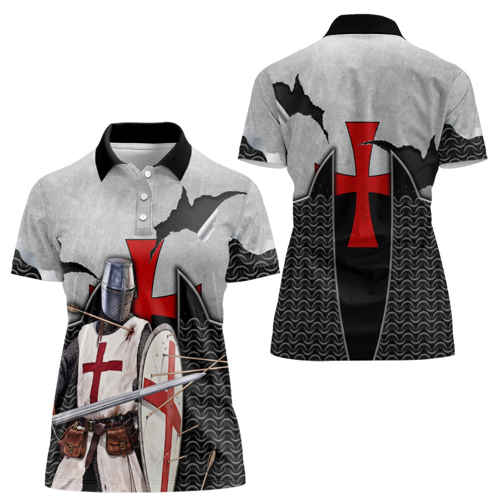 Knights Templar Warrior Red Cross Women Polo Shirt Crusader Knight In Chainmail Armor With Shield And Sword Art