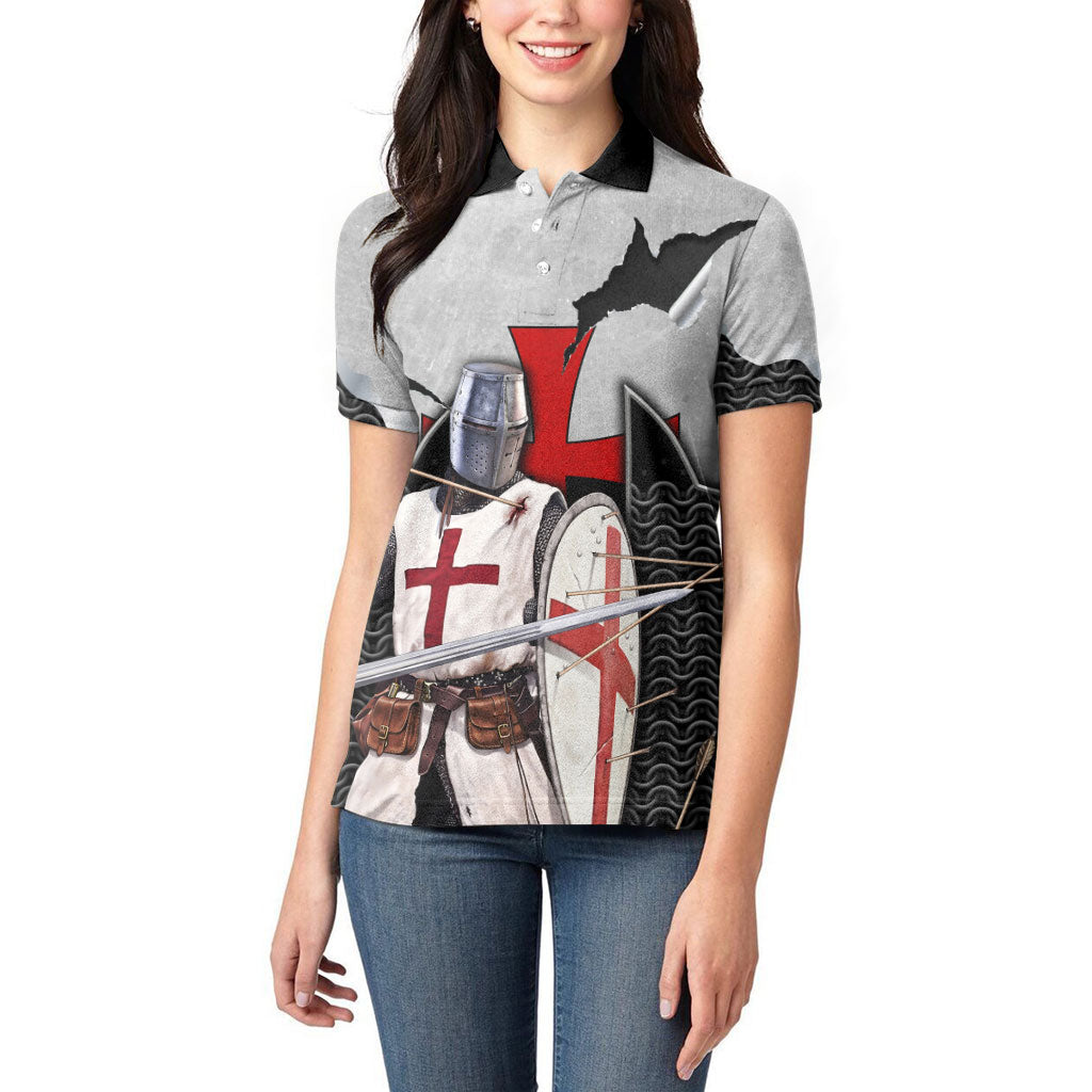 Knights Templar Warrior Red Cross Women Polo Shirt Crusader Knight In Chainmail Armor With Shield And Sword Art