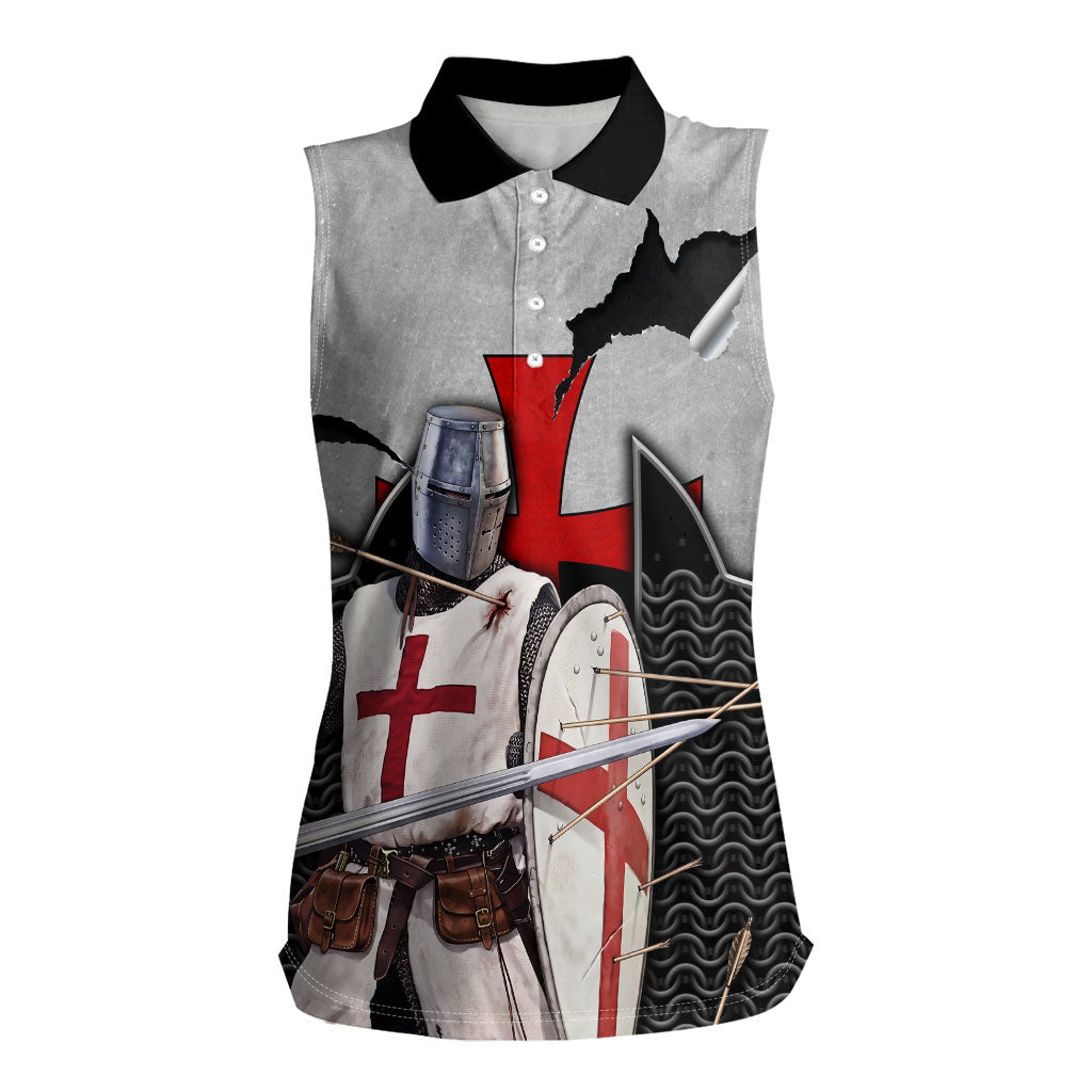 Knights Templar Warrior Red Cross Women Sleeveless Polo Shirt Crusader Knight In Chainmail Armor With Shield And Sword Art