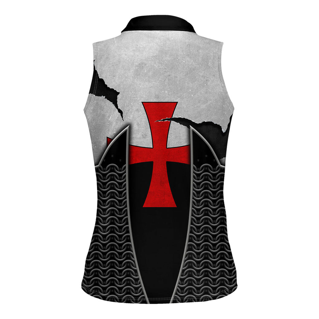 Knights Templar Warrior Red Cross Women Sleeveless Polo Shirt Crusader Knight In Chainmail Armor With Shield And Sword Art