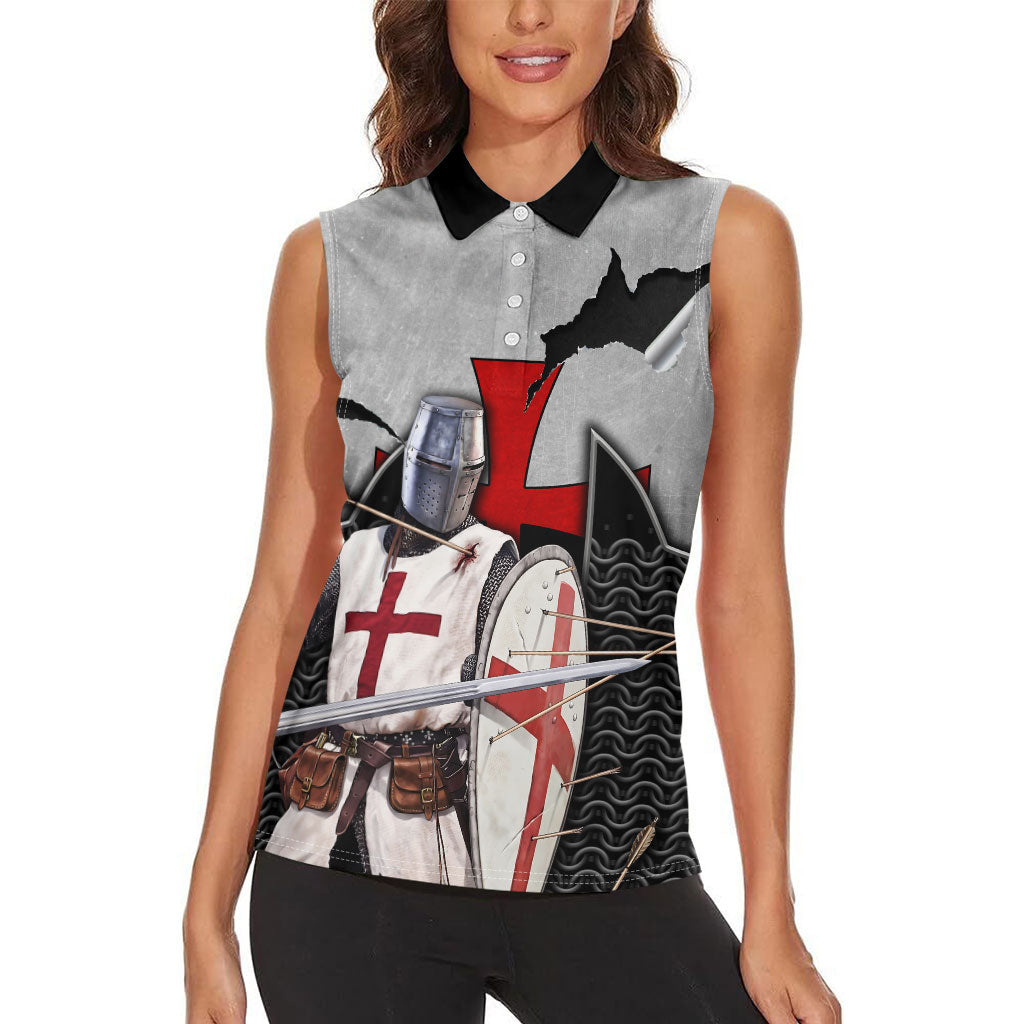 Knights Templar Warrior Red Cross Women Sleeveless Polo Shirt Crusader Knight In Chainmail Armor With Shield And Sword Art