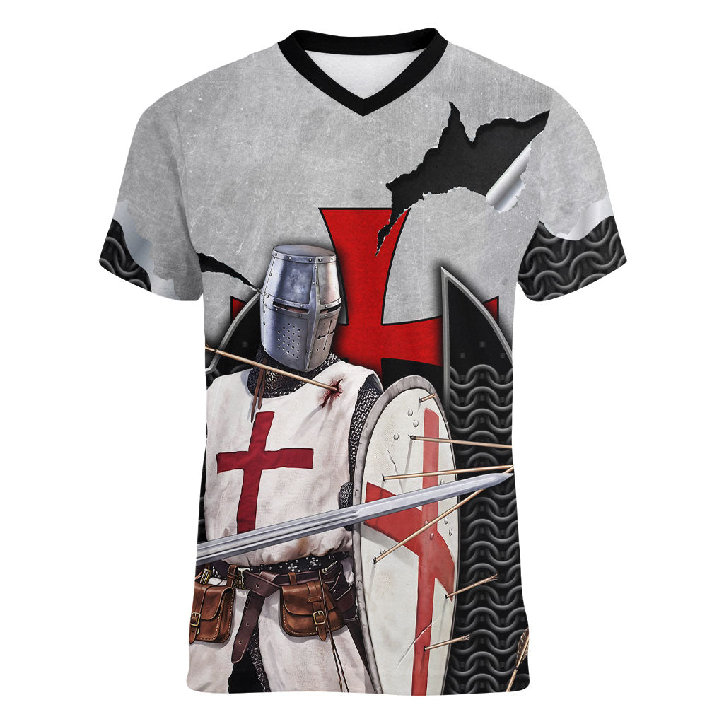 Knights Templar Warrior Red Cross Women V-Neck T-Shirt Crusader Knight In Chainmail Armor With Shield And Sword Art