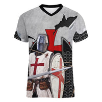Knights Templar Warrior Red Cross Women V-Neck T-Shirt Crusader Knight In Chainmail Armor With Shield And Sword Art