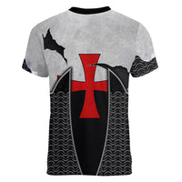 Knights Templar Warrior Red Cross Women V-Neck T-Shirt Crusader Knight In Chainmail Armor With Shield And Sword Art