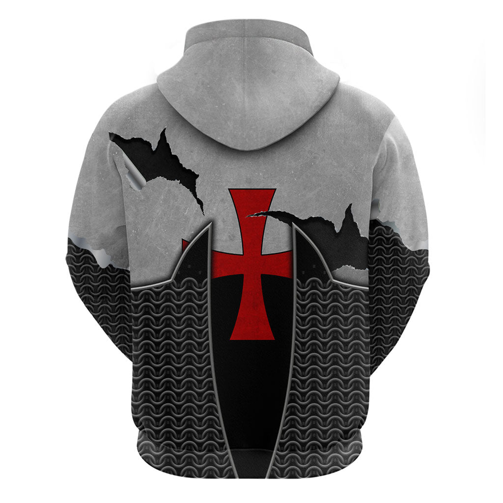 Knights Templar Warrior Red Cross Zip Hoodie Crusader Knight In Chainmail Armor With Shield And Sword Art