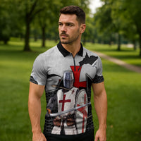 Knights Templar Warrior Red Cross Zipper Polo Shirt Crusader Knight In Chainmail Armor With Shield And Sword Art