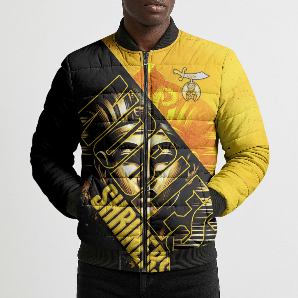 Nobles Shriners Pharaoh Bomber Puffer Jacket Egyptian Pharaoh King Tut Art With Gold Scimitar Emblem