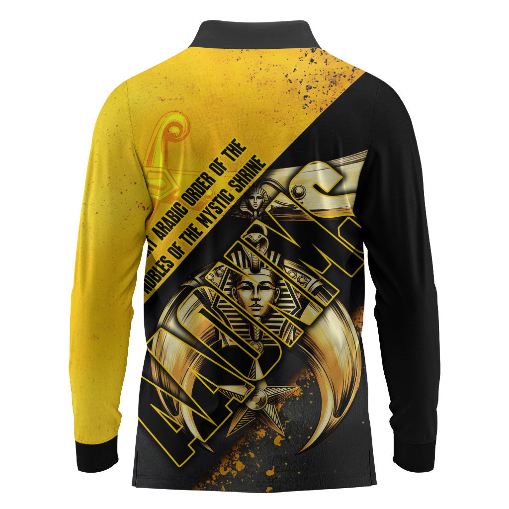 Nobles Shriners Pharaoh Long Sleeve Polo Shirt Egyptian Pharaoh King Tut Art With Gold Scimitar Emblem